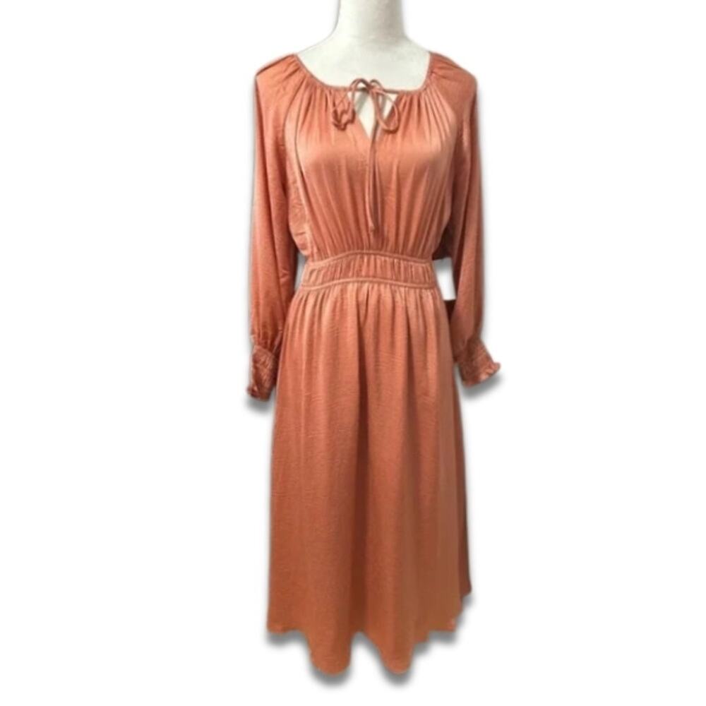 Floret Studio Midi A-line Dress Smocked Cuffs Tie Neckline Burnt Apricot W S NWT